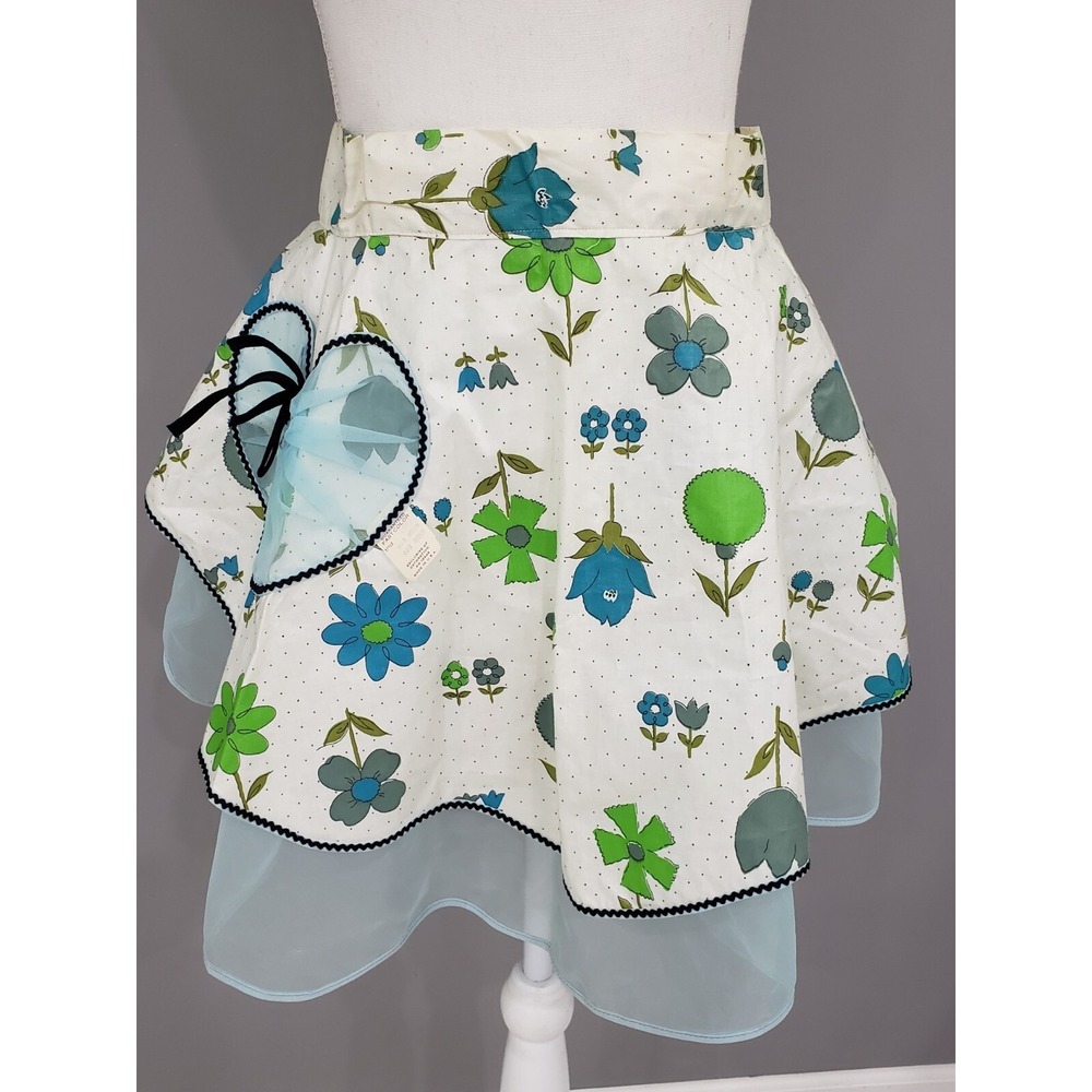Vintage 1950s Blue Floral Hostess Apron Sheer Organza Overlay Bow‎ Waist Retro